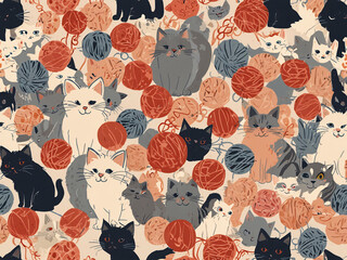 Wall Mural - A whimsical pattern of tiny, playful cats chasing yarn balls