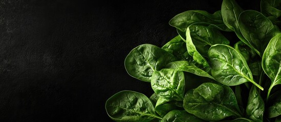 Poster - Fresh spinach leaves against a black background. with copy space image. Place for adding text or design