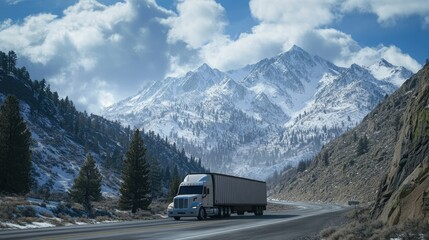 A semi-truck driving through a mountain pass, with snow-covered peaks in the distance.