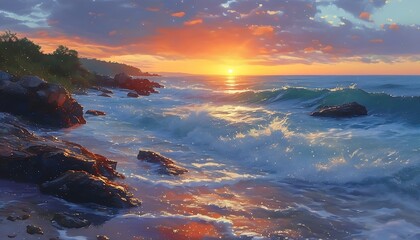 Wall Mural - Sunset at the Beach, a Romantic Blend of Nature and Ocean.