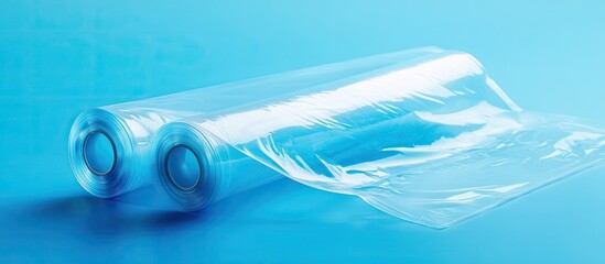 Wall Mural - Cling film set against a blue background. with copy space image. Place for adding text or design