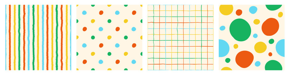 Wall Mural - colorful seamless pattern set of multicolored hand drawn curved checkered lines, polka dots and stri