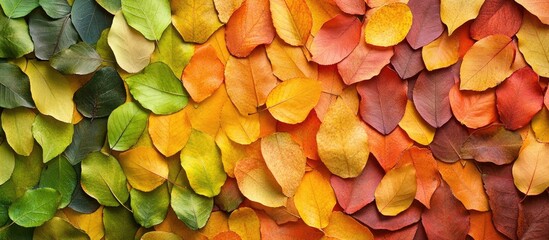 Fototapete - Bright and colorful green yellow orange and red autumn leaves background Nature fall season theme Foliage Outdoor Copyspace flat lay top view