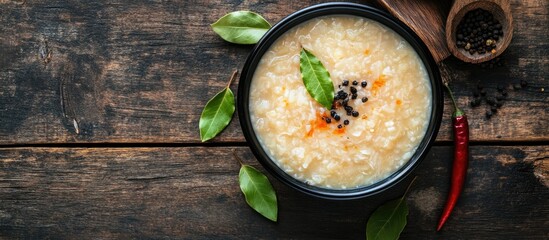 Fototapete - Sauerkraut soup in a bowl accompanied by black fried red pepper and bay leaves Captured from above on rustic wood Copy space