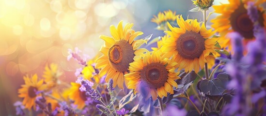 Aufkleber - Attractive sunflower and purple wild sage set against a white background. with copy space image. Place for adding text or design