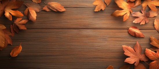 Poster - Autumn Leaves on a wooden background. with copy space image. Place for adding text or design