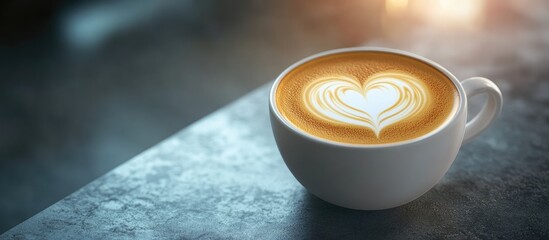 Aufkleber - Delicious beverage a cup of cappuccino coffee adorned with a heart design on brown milk froth in a white ceramic cup placed on a gray table. with copy space image. Place for adding text or design
