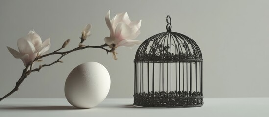 Poster - Easter still life featuring an egg and a decorative cage against a white background. with copy space image. Place for adding text or design