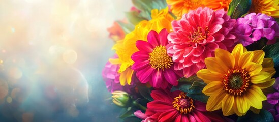 Poster - A summer bouquet featuring dahlias zinnias and sunflowers with copy space
