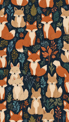 Wall Mural -  A whimsical pattern of tiny, playful foxes and rabbits