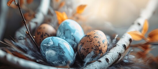 Fototapete - Easter Brown and blue marble Easter eggs nestled among birch cherry and feathers Selective focus macro toning blur. with copy space image. Place for adding text or design