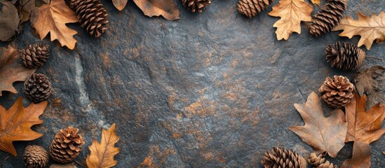 Autumn atmosphere A template featuring dried leaves and pine cones on a stone background Seasonal backdrop fall theme Thanksgiving day arrangement Flat lay copyspace