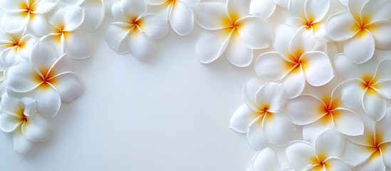 Aufkleber - Festive plumeria flowers arrangement suited for any ceremony celebration invitation card frame copy space overhead view or backdrop