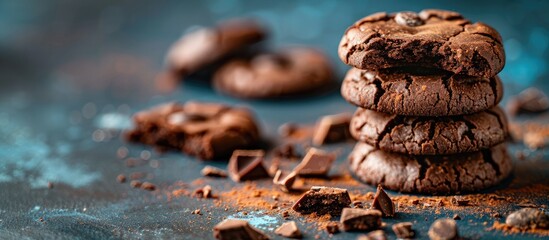 Poster - Chocolate crackle cookies on a blue backdrop copy space