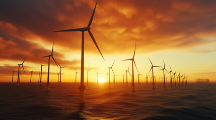 Wall Mural - A massive offshore wind turbine farm illuminated by the golden hour, with waves crashing below and a peaceful sky above.