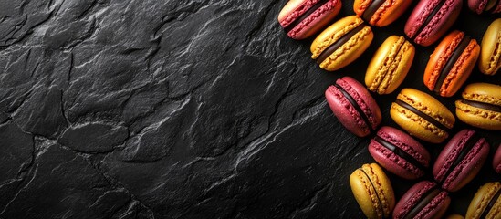 Poster - Colorful macaroons on a textured black background Text Copy Space