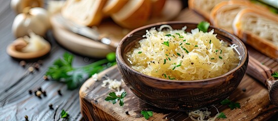 Bowl of delicious sauerkraut and fresh bread on a colorful wooden background. with copy space image. Place for adding text or design