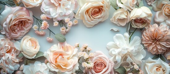 Wall Mural - Delicate roses create a frame with blooming flowers providing a festive backdrop soft pastel card selective focus and toned. with copy space image. Place for adding text or design