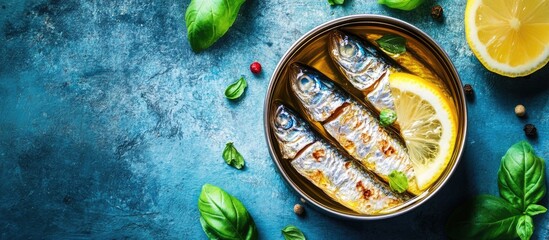 Aufkleber - Top view of a can of sardines in oil accompanied by basil leaves and a slice of lemon on a blue rustic table. with copy space image. Place for adding text or design