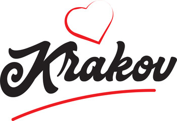 Krakov city text design with red heart typographic icon design suitable for touristic promotion