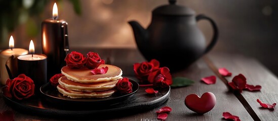 Poster - Valentine s Day greeting card featuring heart shaped pancakes green tea a black teapot candles and roses Valentine s Day theme Copy space Banner