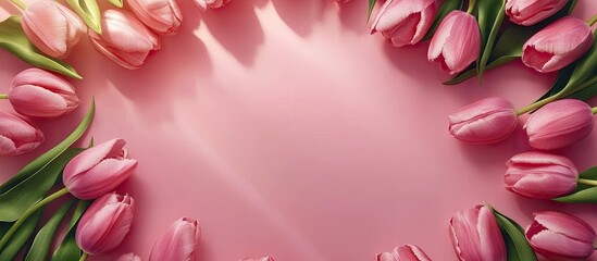 Poster - Pink tulips are arranged in a circle creating a frame on a pink backdrop with strong sunlight Floral spring background Copy space