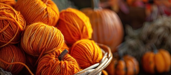 Poster - Yarn pumpkins handmade decor. with copy space image. Place for adding text or design