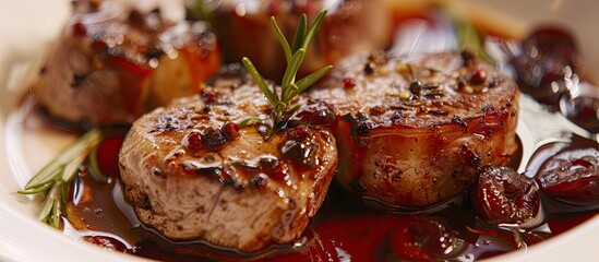 Aufkleber - Pork medallions and dried plums are a Slovenian dish from Ljubljana featuring tasty pork with plum brandy sauce and dried plums accompanied by a side of baked dodole known as Zganjarsko