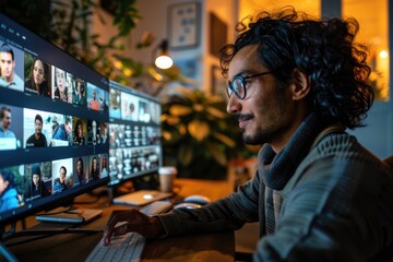 Man Engaged in Online Meeting with Multiple Video Call Participants on Computer Screen