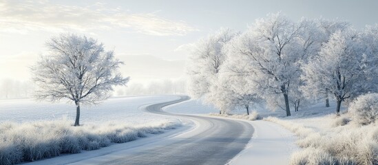 Poster - Frost covered trees along the roadside in a picturesque winter scene. with copy space image. Place for adding text or design