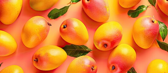 flat lay arrangement featuring mangoes on a colored background. with copy space image. place for add