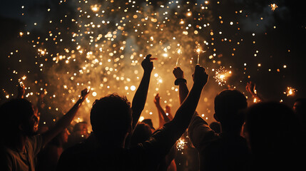 Wall Mural - group of people celebrate new year on the party and hold fireflies