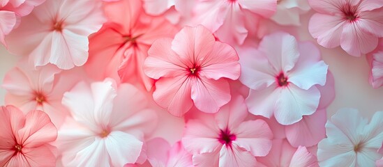 Wall Mural - Beautiful floral greeting card with a spring and summer abstract background Colorful pink phlox flowers and tea top view flat lay selective focus Mother s Day greeting. with copy space image