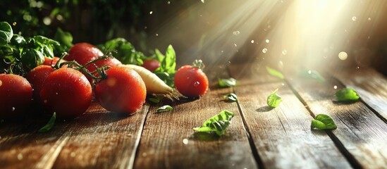 Aufkleber - Vegetables placed on a wooden surface Organic healthy food Concept of raw and vegetarian Banner. with copy space image. Place for adding text or design