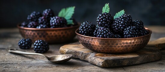 Aufkleber - Ripe blackberries in vintage copper dishes on aged wooden boards accompanied by a spoon against a dark background. with copy space image. Place for adding text or design