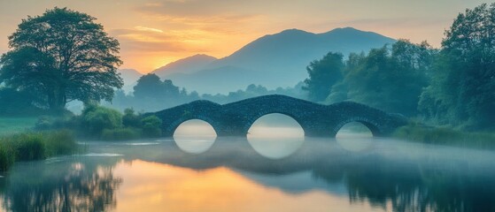 Wall Mural - Serene River Reflections at Dawn or Dusk with Gentle Mountain Slope.