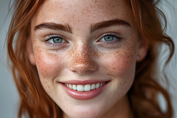 Wall Mural - a cheerful young woman with freckles, smiling at the camera