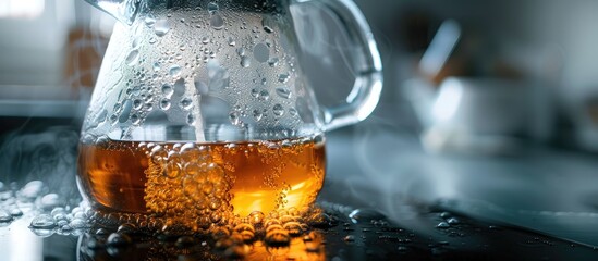 A close up of an electric glass kettle designed for boiling water for hot beverages featuring boiling and bubbling water. with copy space image. Place for adding text or design