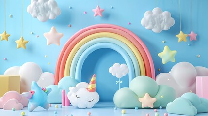 children’s toy display podium in a baby blue room with 3d cloud backdrop perfect for creating a cute and playful presentation and sale poster