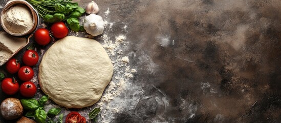 Poster - Baking template featuring Italian pizza dough and fresh ingredients Top view copy space