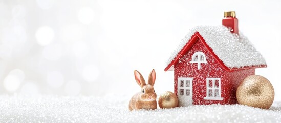 Poster - Christmas toy house with bumps and a rabbit on a white background. with copy space image. Place for adding text or design
