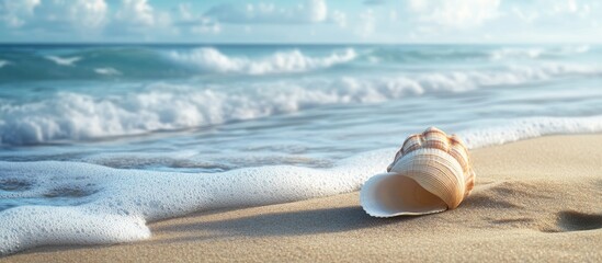 Poster - Shell on sandy beach near ocean waves. with copy space image. Place for adding text or design