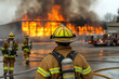 © Ruslan Grumble - Firefighter facing away from the camera, in front of warehouse on fire with other nearby firefighters running towards the scene. Large building in the background engulfed in flames.