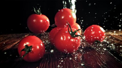 Sticker - Fresh tomatoes with a splash of water. Filmed on a high-speed camera at 1000 fps. High quality FullHD footage