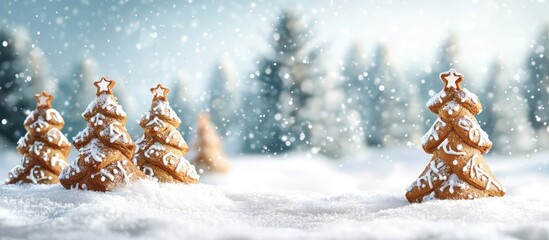 Aufkleber - Christmas greeting card featuring homemade gingerbread trees in the snow with copy space for your messages