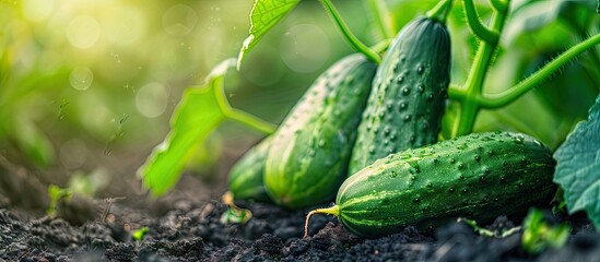 Wall Mural - Homemade cucumber growing and harvesting Selective focus. with copy space image. Place for adding text or design