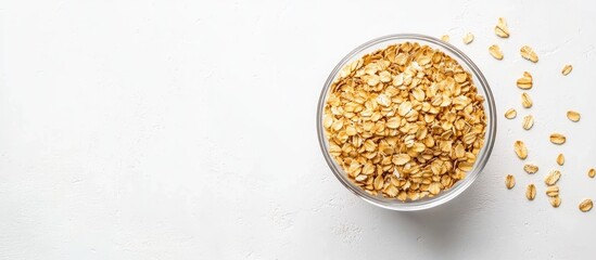 Leinwandbilder - Uncooked oat flakes in a glass bowl on a white background Healthy food Close up top view. with copy space image. Place for adding text or design
