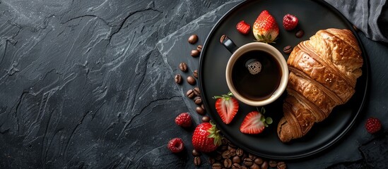 Espresso coffee cup and croissant with fresh strawberries on a black slate stone board against a dark background Top view copy space