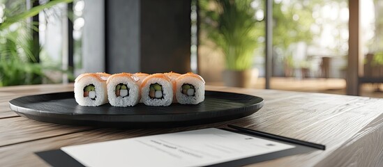Leinwandbilder - restaurant menu brochures beside a black plate filled with delicious sushi rolls on a wooden table. with copy space image. Place for adding text or design