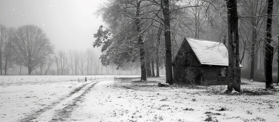 Fototapete - Black and white winter scenery featuring trees and a forest a barren tree without leaves a house and snow covering the ground. with copy space image. Place for adding text or design